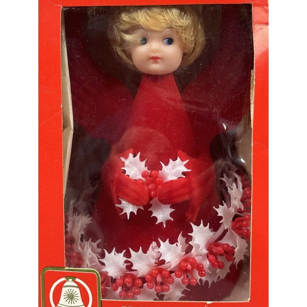 Vintage Commodore Christmas Angel Flocked‎ Red Decoration Holly Side Eye In Box